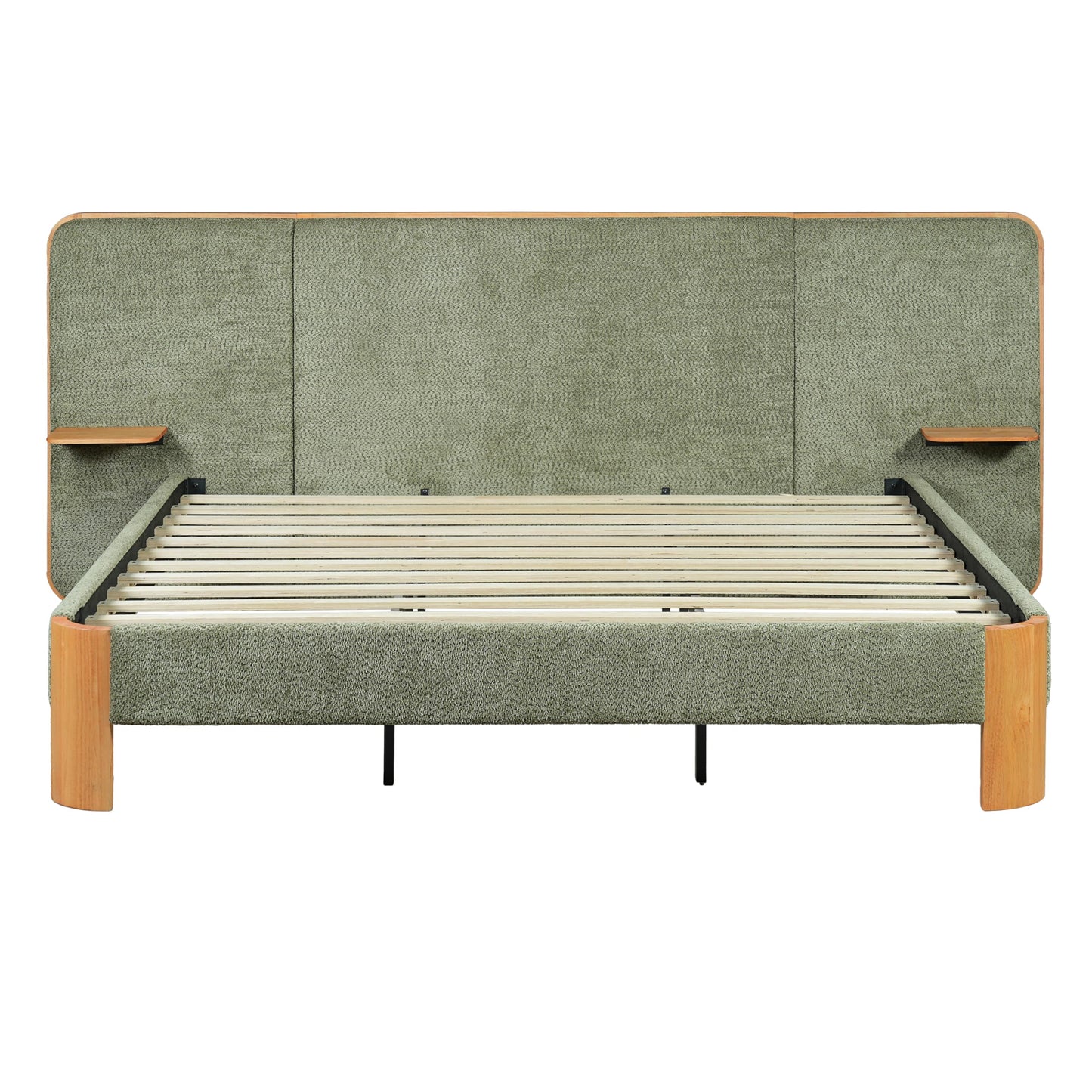 Christopher Knight Home Lana Boucle Upholstered King Bed Frame and Headboard, King Size Bed Frame with Built-in Floating Shelves, Metal + Wooden Slats Support, No Box Spring Needed, Green + Natural