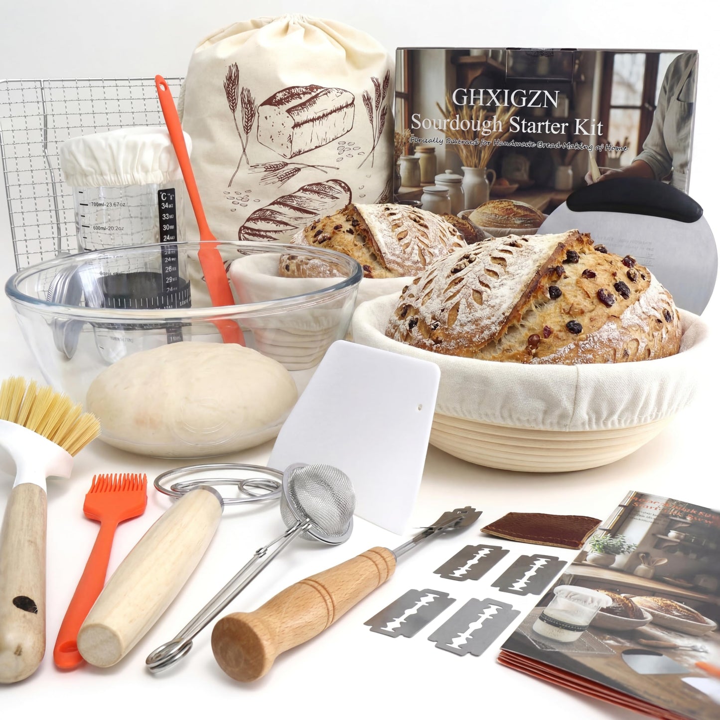 Complete Sourdough Starter Kit with 9" Round & 10" Oval Indonesian Rattan Proofing Baskets, Glass Mixing Bowl, Fermentation Cup, Bread Lame, Storage Bag, and other Tools for Homemade Bread Baking