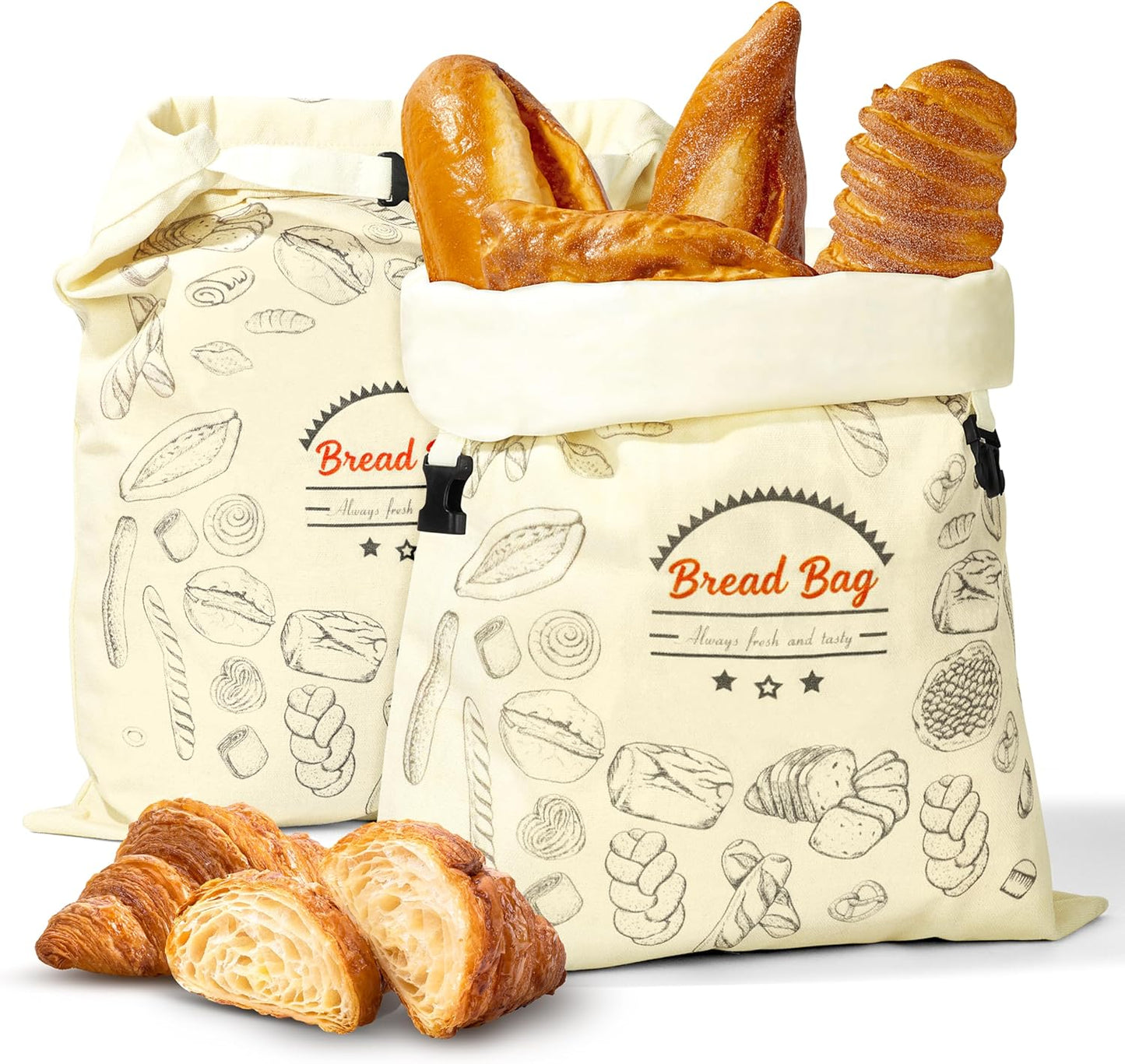 2 Packs BuyCard Bread Bag Reusable Beeswax Food Storage Bag, Natural Cotton with Bread Pattern Design, Zipper Reusable