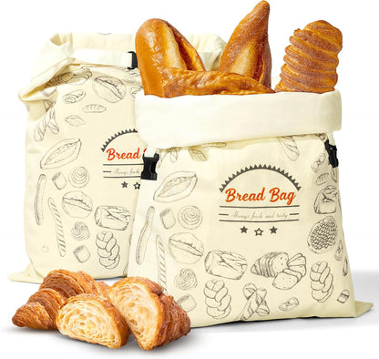 2 Packs BuyCard Bread Bag Reusable Beeswax Food Storage Bag, Natural Cotton with Bread Pattern Design, Zipper Reusable