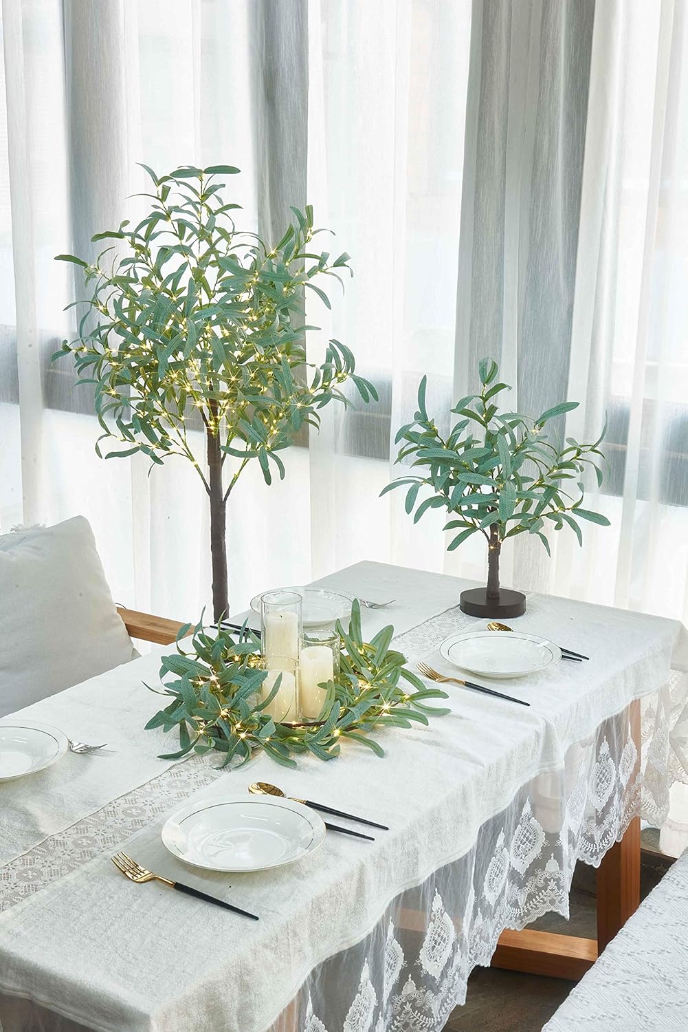 18in 50 Hairui Lighted Small Olive Tree Battery Operated or USB Warm White LED with Timer, Light Up Table Top