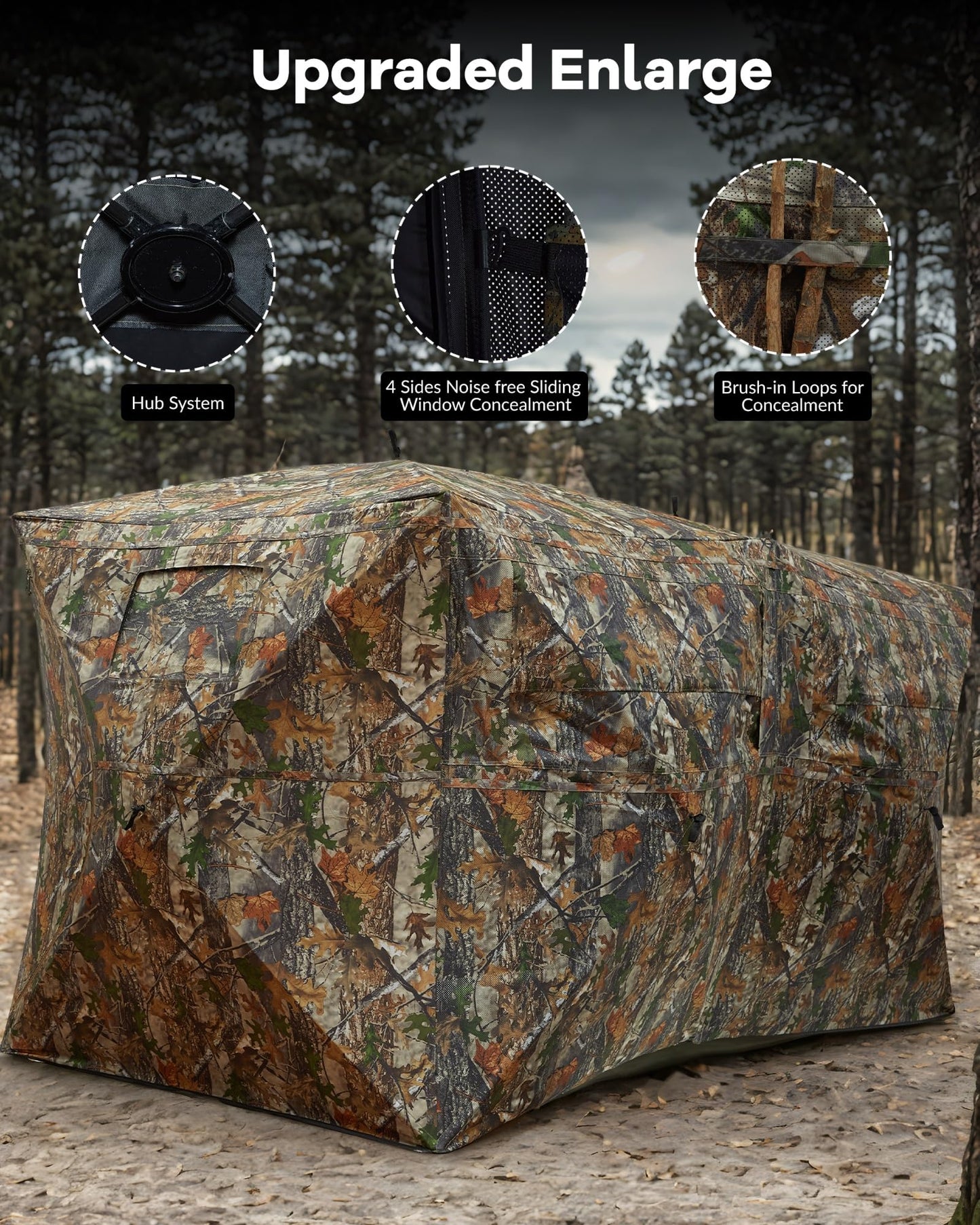 Hunting Blind 270 Degree See Through Ground Blind for Turkey Deer Hunting, 4-6 Person Camouflage Pop Up Hunting Blinds Ground Waterproof Portable Concealed Shelter with Silent Door and Carrying Bag