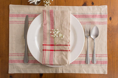 DII French Stripe Tabletop Collection 6 Piece Dining Table Linen Napkin Set, 20x20, Taupe/Red Farmhouse Style