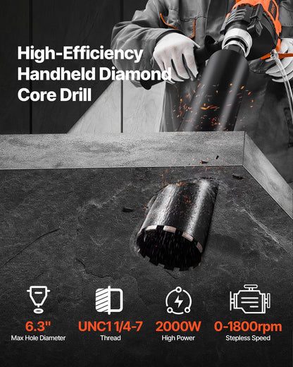 VEVOR Diamond Core Drilling Machine, 0.8-6.3 in Drilling Diameter, Handheld Dry and Wet Concrete Core Drill Rig with 4 Drill Bits, 0-1800RPM Variable Speed, UNC1 1/4-7, for Concrete Brick Stone, 2000W