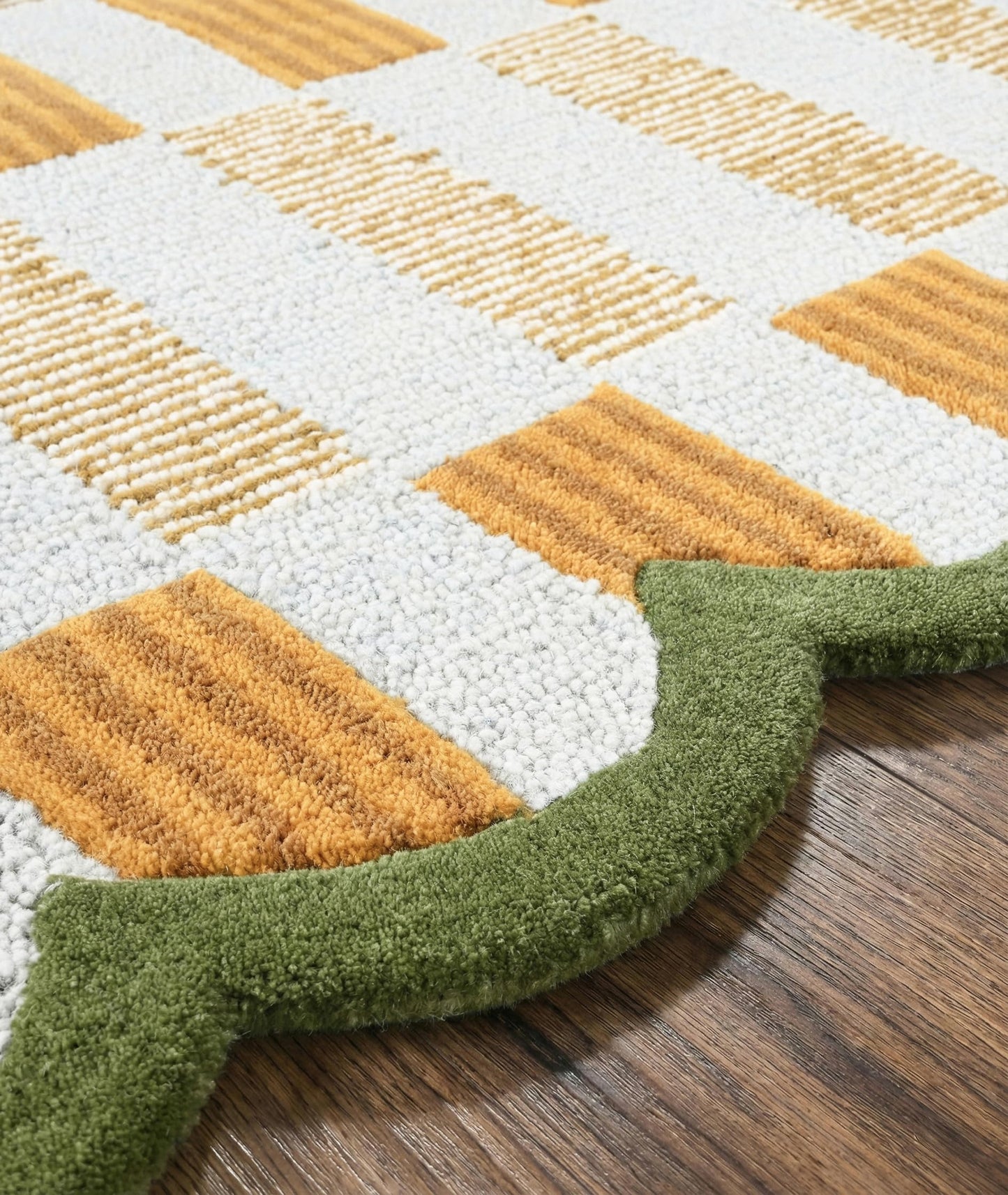 RUGWYN Hand-Tufted Scalloped Wool Area Rug, Modern Plaid Checkered Pattern, Soft & Durable Cozy Accent Rug for Living Room, Bedroom & Nursery, Handmade Decorative Floor Carpet (Light Blue, 8' x 10')