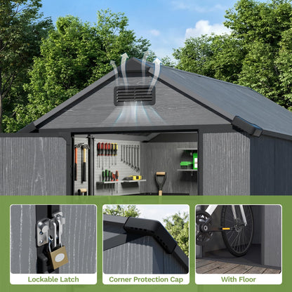 Devoko 4x6 FT Resin Outdoor Storage Shed with Floor, Outdoor Plastic Shed with Lockable Door, Sloped Roof & Vent, Versatile Tool Shed for Patio Lawn Backyard, Deep Grey