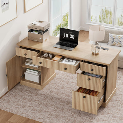 Garvee 60" Office Desk with Storage & Drawers. Fluted Wood Computer Desk with Power Outlet & Adjustable Shelves.Modern Executive Desk for Home Office/Bedroom/Gaming-Burlywood
