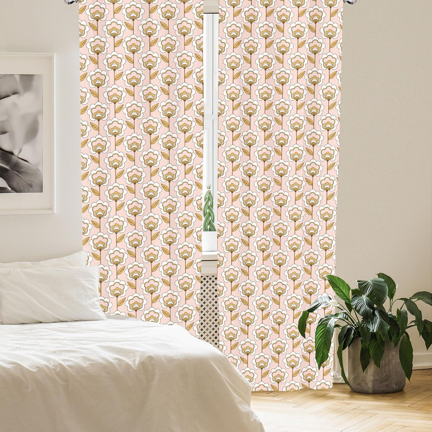 Lunarable Mid Century Curtains, 28" x 84" Retro Flower Ornaments Illustration, 2 Panel Set for Living Room Bedroom