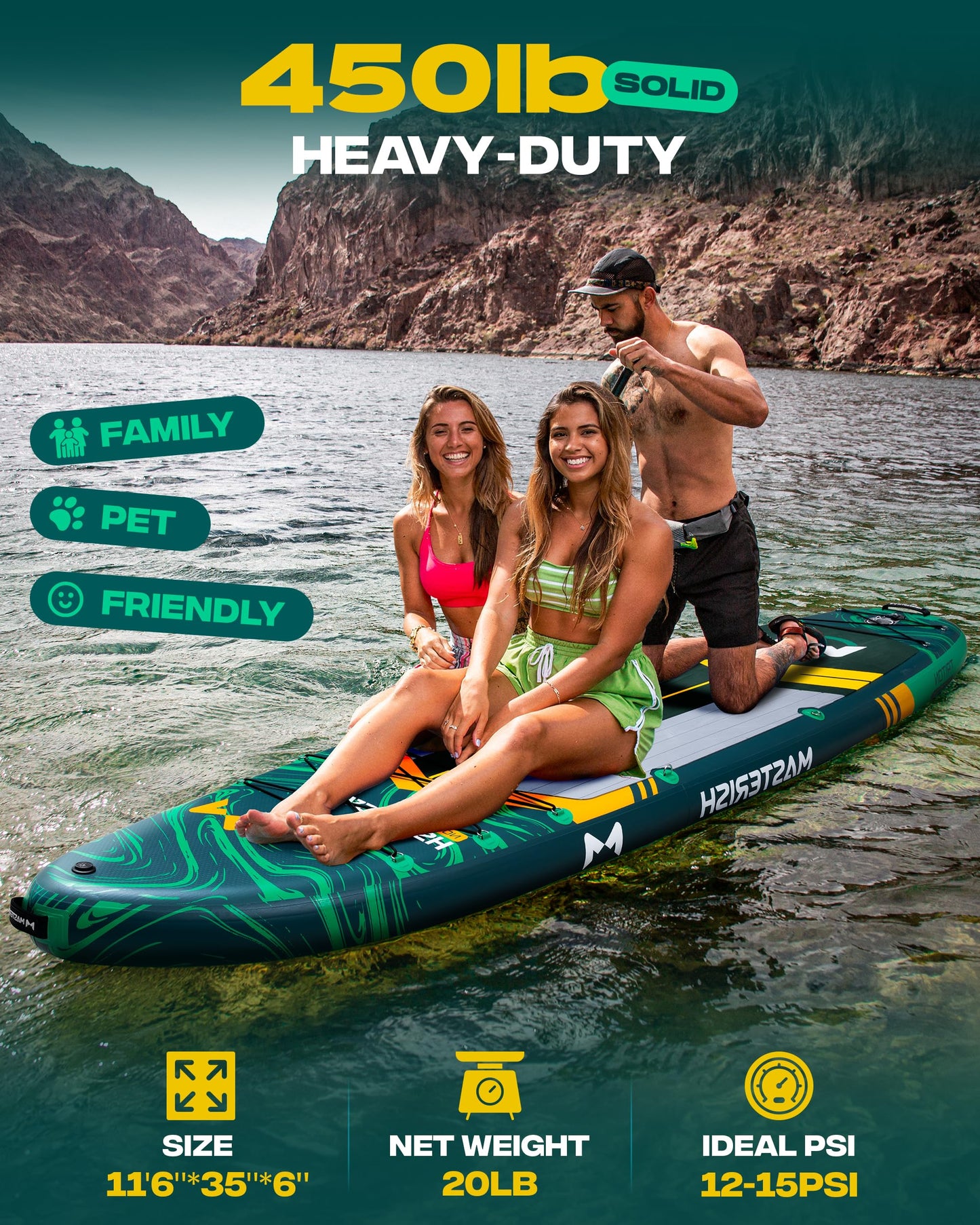 MASTERISH Extra Wide Inflatable Paddle Board 11’6 x 35’’ x 6’’, 450 LB High Weight Capacity SUP, Wide Stable Stand Up Paddle Board for Heavy People, Family & 2/3 Person, XL All-Around Paddleboard