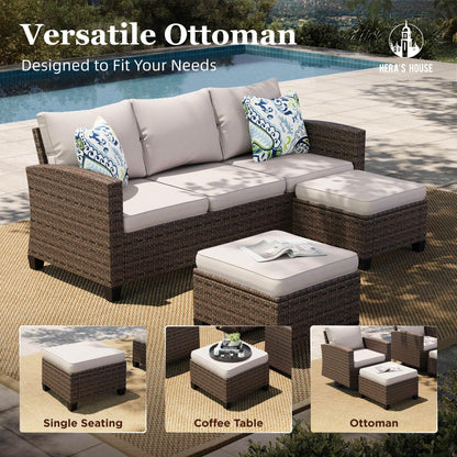 HERA'S HOUSE Swivel Glide Patio Furniture Set with 56" Fire Pit Table, 6 Pieces Outdoor Wicker Sectional Conversation Sofa Sets for Lawn Backyard Deck, Beige