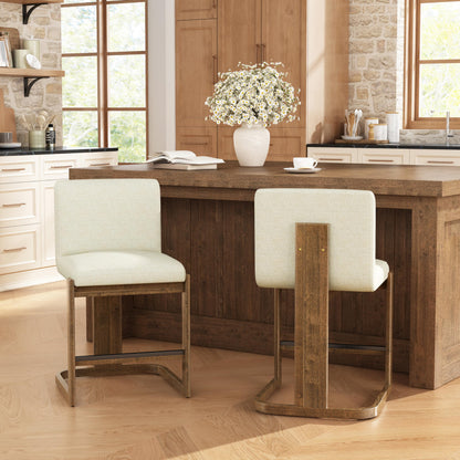 Christopher Knight Home Morant Counter Height Bar Stools Set of 2, 24" Wood Bar Stool for Kitchen Island, Modern Upholstered Kitchen Island Chairs with Wood Frame and Metal Footrest, Light Grey+Walnut