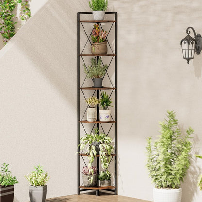 Cerlyunzan 6 Tier Corner Shelf Stand, 78" H Tall Industrial Corner Bookshelf for Living Room Decor, Metal Corner Shelf, Plant Stand Display Shelf for Bedroom, Bathroom, Small Space, Rustic Brown