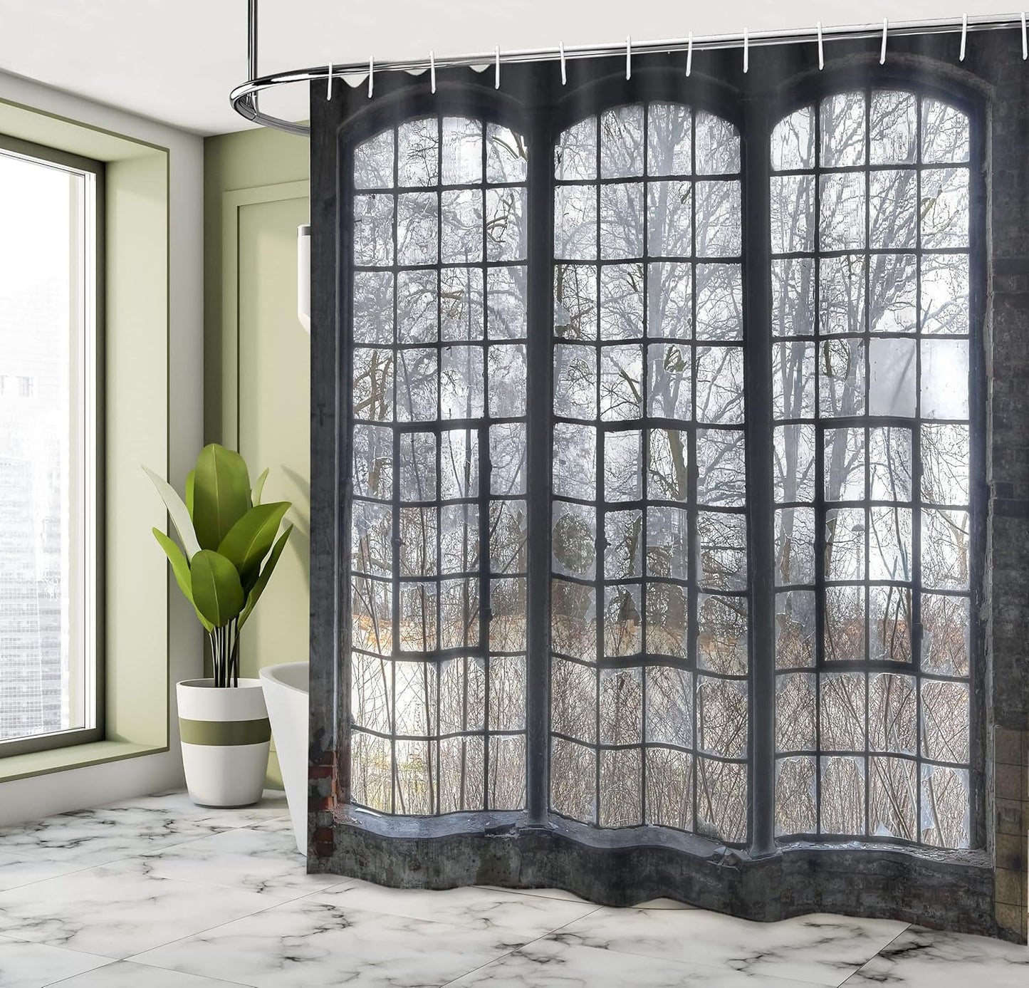 Ambesonne Industrial Shower Curtain, Old Large Window with Broken Panes, 69" W x 70" L, Green White