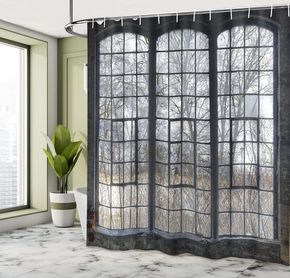 Ambesonne Industrial Shower Curtain, Old Large Window with Broken Panes, 69" W x 70" L, Green White