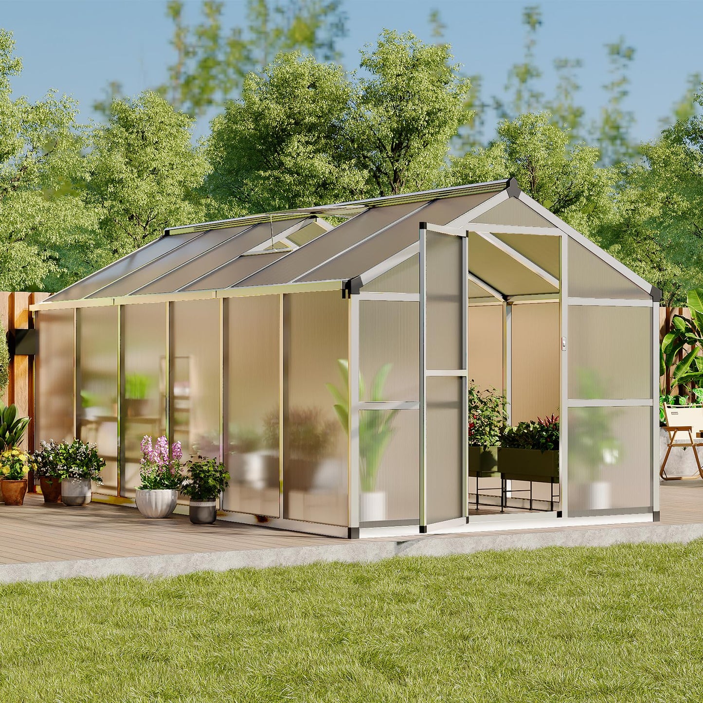 GarveeTech 8X12 FT Greenhouse, Polycarbonate Garden Greenhouse for Outdoors,Aluminum Frame Green House with Lockable Door and Adjustable Roof Vent, Ideal for Backyard Patio and Outside Growing
