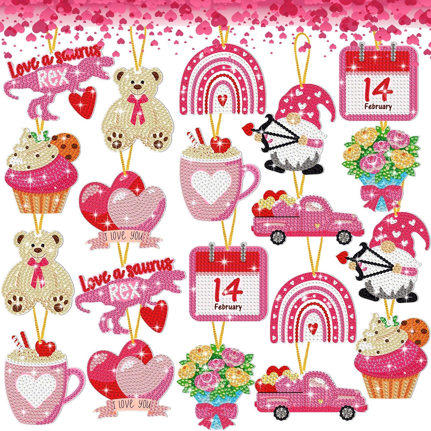 Jetec 20 Pcs Valentine's Day Diamond Painting Keychain Kits 5D DIY Diamond Art Keychain Ornaments Romantic Art Key Ring Pendant Crafts Accessories for Valentine Party Decor Gifts