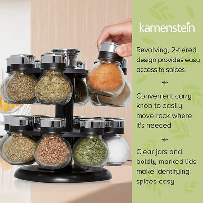 16 Countertop Kamenstein Ellington Jar Revolving Spice Rack with Prefilled Spices - Rotating Chrome and Plastic