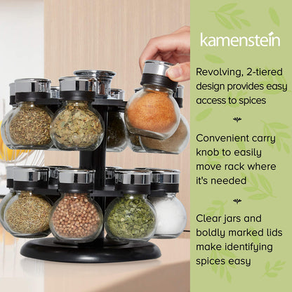 Kamenstein Ellington 16 Jar Revolving Spice Rack with Prefilled Spices - Rotating Chrome and Plastic Countertop Organizer with Sifter Caps and Labeled Lids