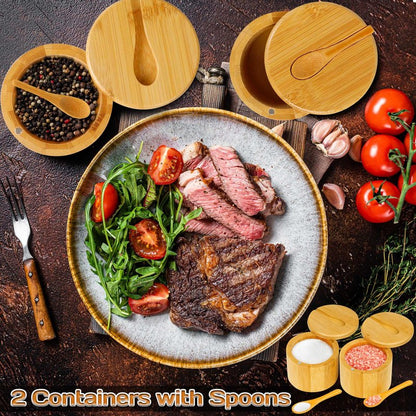 Loscarol 2Pcs Bamboo Salt Cellar Spice Box with Magnetic Swivel Lid & Spoon, Bamboo Storage Box Salt Container to Storage Pepper, Table Salt, Gourmet Salts, Spice, Sugar, 6 oz