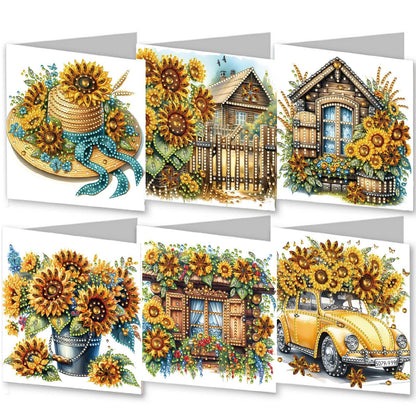 6 Packs DIY Diamond Art Cards with Envelopes, DIY Diamond Art Painting Greeting Cards Happy Birthday Holiday Card Kits Present-03-Sunflower