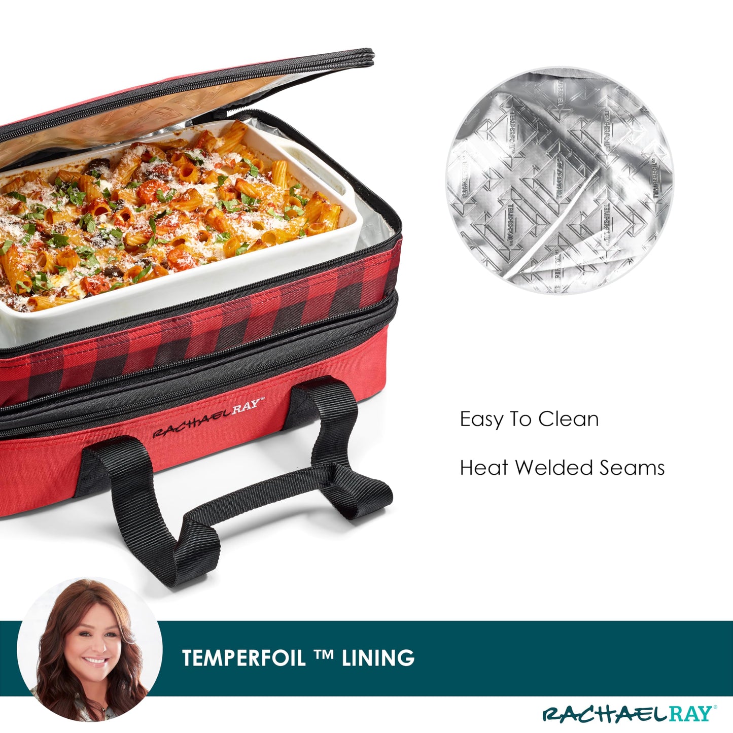 Rachael Ray Expandable Insulated Casserole Carrier for Hot or Cold Food, Thermal Lasagna Lugger Tote for Potluck, Parties, Picnic, and Cookouts, Fits 9" x 13" Baking Dish, Red Buffalo Check
