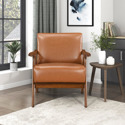 Lexicon Mid Century Modern Accent Chair with Solid Wood Frame in Walnut Finish, Faux Leather Living Room Lounge Arm Chair, Thick and Comfy Innerspring Seat Cushion, Brown