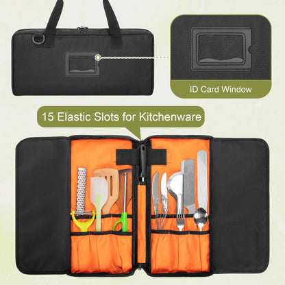 samdew Chef Knife Storage Bag, Kitchen Tool Organizer with 18 Utensil Slots, Knife Set Carrying Case for Culinary Chef, with Detachable Shoulder Strap for Kitchen, Camping & Travel, Bag Only