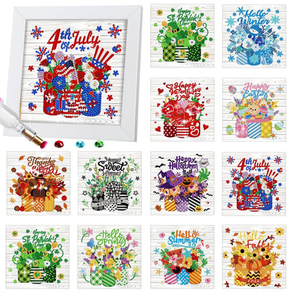 Trandraft 13 Pcs Mason Jar Seasonal Diamond Art Kits for Adults 250th Anniversary Favor Interchangeable 5D Small Diamond Art Kits Framed Gem Painting for Holiday Table Decor DIY Craft 4th of July Gift