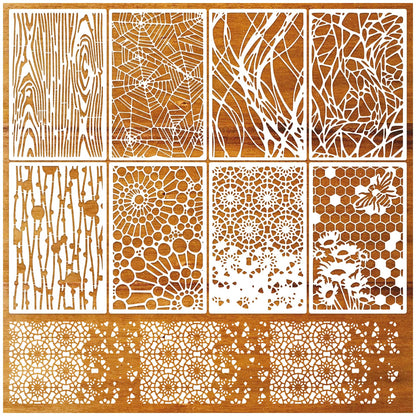 8 Pieces Stencils for Crafts Reusable Texture Spider Stencils Net Wood Grain Stone Spray Paint Layering Stencil Templates for DIY Scrapbook