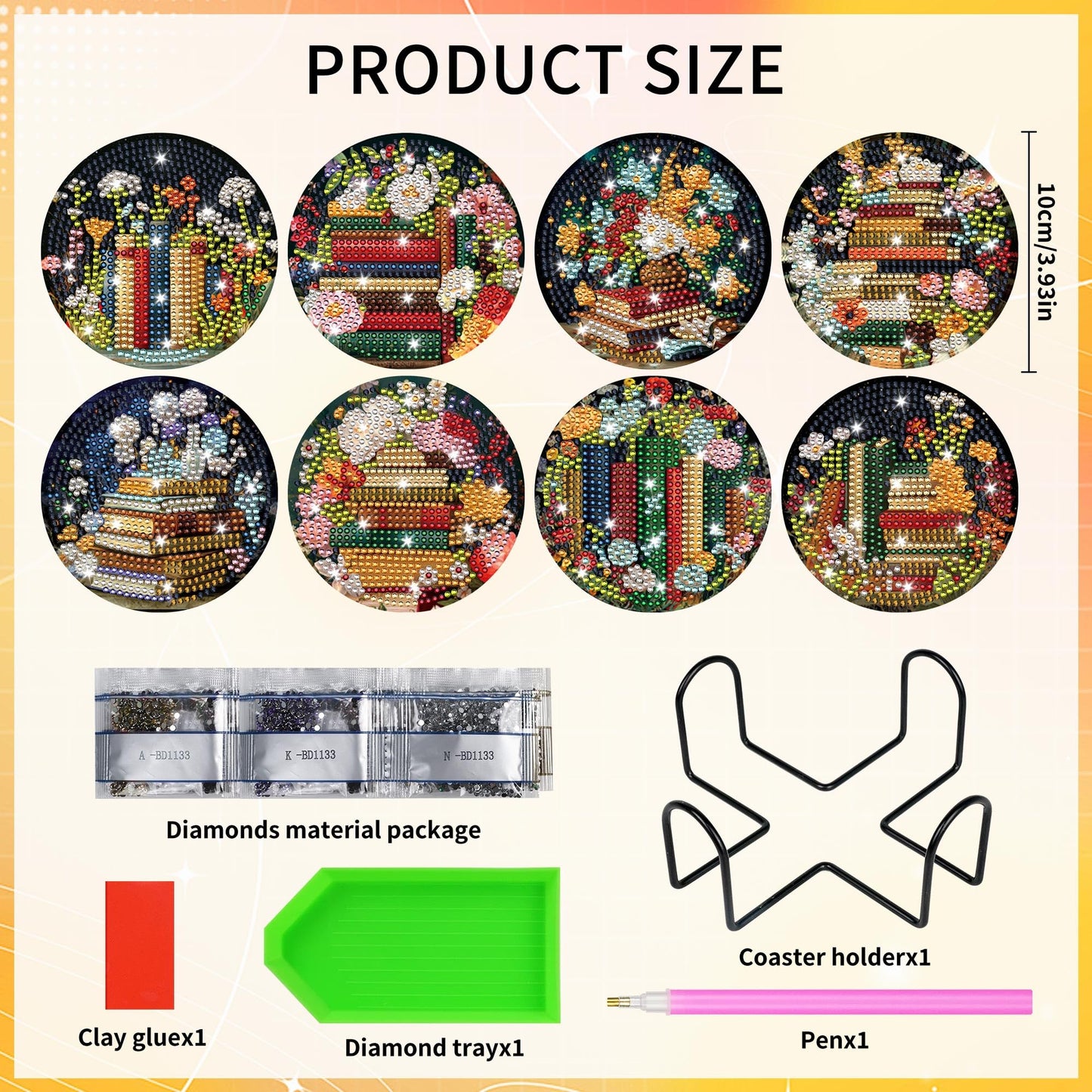 8 Pcs Book Diamond Art Coasters Kit with Holder and Cork Pads, Floral DIY Diamond Painting Coaster Kit for Adults Beginners, Round 4 Inch Drink Coasters Craft Set for Home Decor