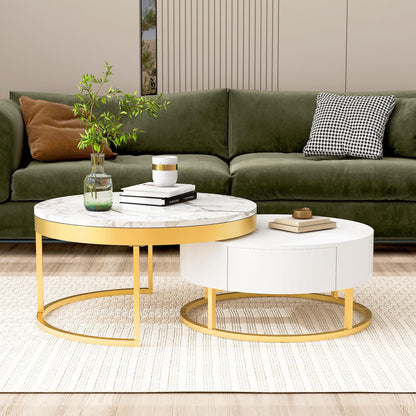 Merax 2-Piece Round Nesting Coffee Table Set with 2 Large Drawers, Marble Finish Tops & Ample Hidden Storage, Space Saving Modern Accent End Tables for Living Room, Apartment, White+Golden