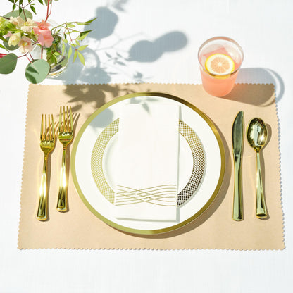 By Madee EXTRA HEAVYWEIGHT 175 Pc White and Gold Plastic Plates and Utensils Set with Linen Like Napkins – Fancy Disposable Dinnerware Set for Wedding, Bridal Showers, Special Occasion (25 Guests)