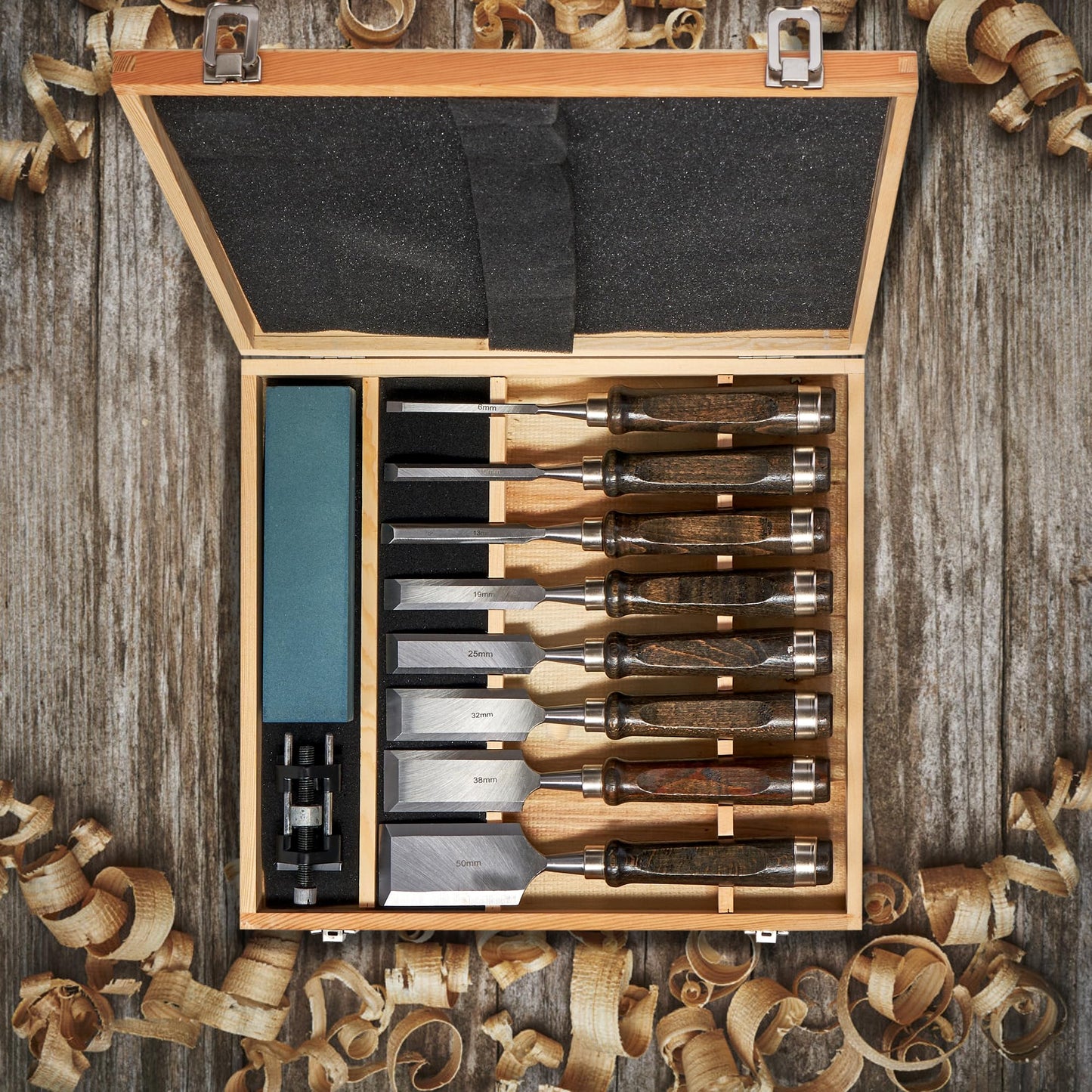 SELFIE CAT 8 Piece Wood Chisel Set for Woodworking Tools Wood Carving Tools with Wooden Case and Sharpening Stones Wood Carving Kit for Beginners and Professionals Black Walnut