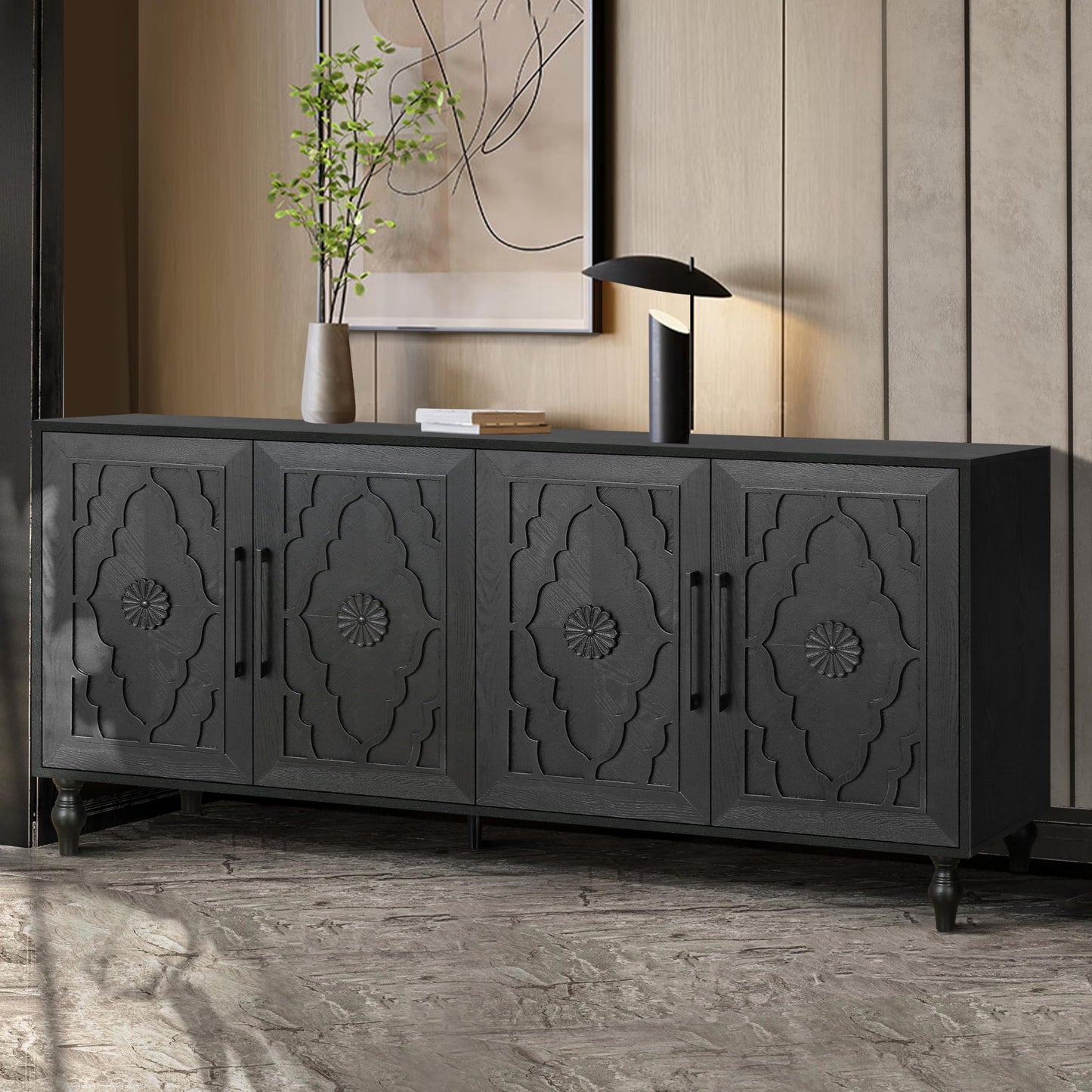 YOPTO Wood Storage Sideboard with Three Tempered Glass Doors and Adjustable Shelf,Large Buffet Cabinet W/Carved Flower Door for Living Room,Kitchen,Entryway,Black