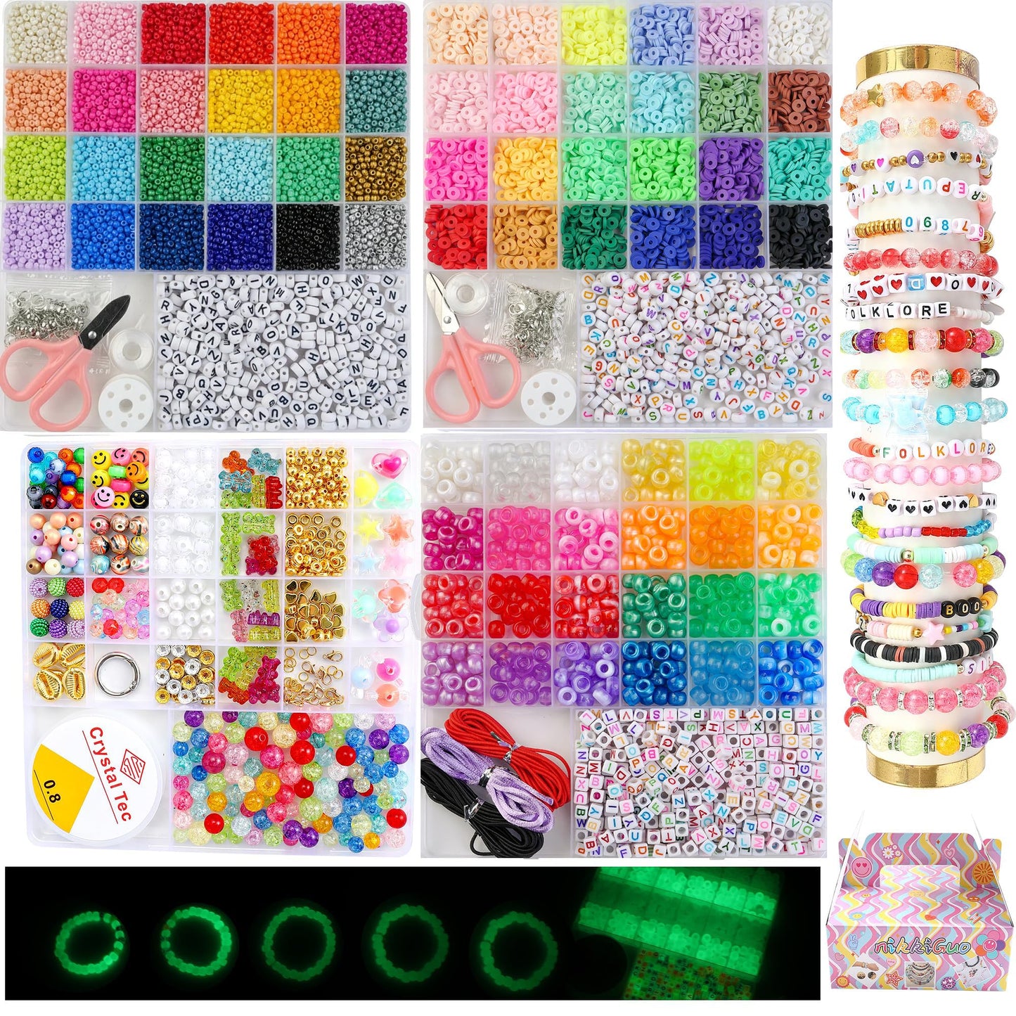 nikkiGuo 6380 PCS Jewelry Making Kit – 24 Colors Seed Beads, 24 Colors Clay, UV Color Changing & Glow Pony, Letter, Mixed Charms, Tools,Gift Box for DIY Bracelets