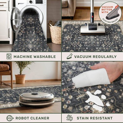 Hazo Haus Black Boho Runner Rug - Washable 3x16 ft, Waterproof, Non-Slip, Stain & Fade Resistant
