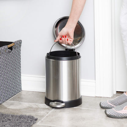 Glad Small Trash Can, 1.2 Gallon | Round Stainless Steel Garbage Bin with Soft Close Lid & Step Foot Pedal | Metal Waste Basket with Removable Inner Bucket, Stainless, 8 x 9.5 x 12 inches