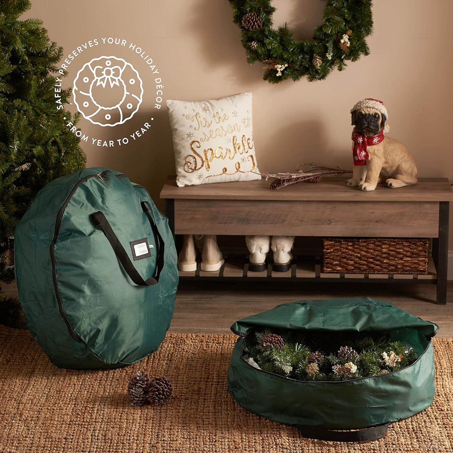 ZOBER Christmas Wreath Storage Bag - 30 Inch Waterproof Oxford Container with Dual Zippers & Durable Handles - Green
