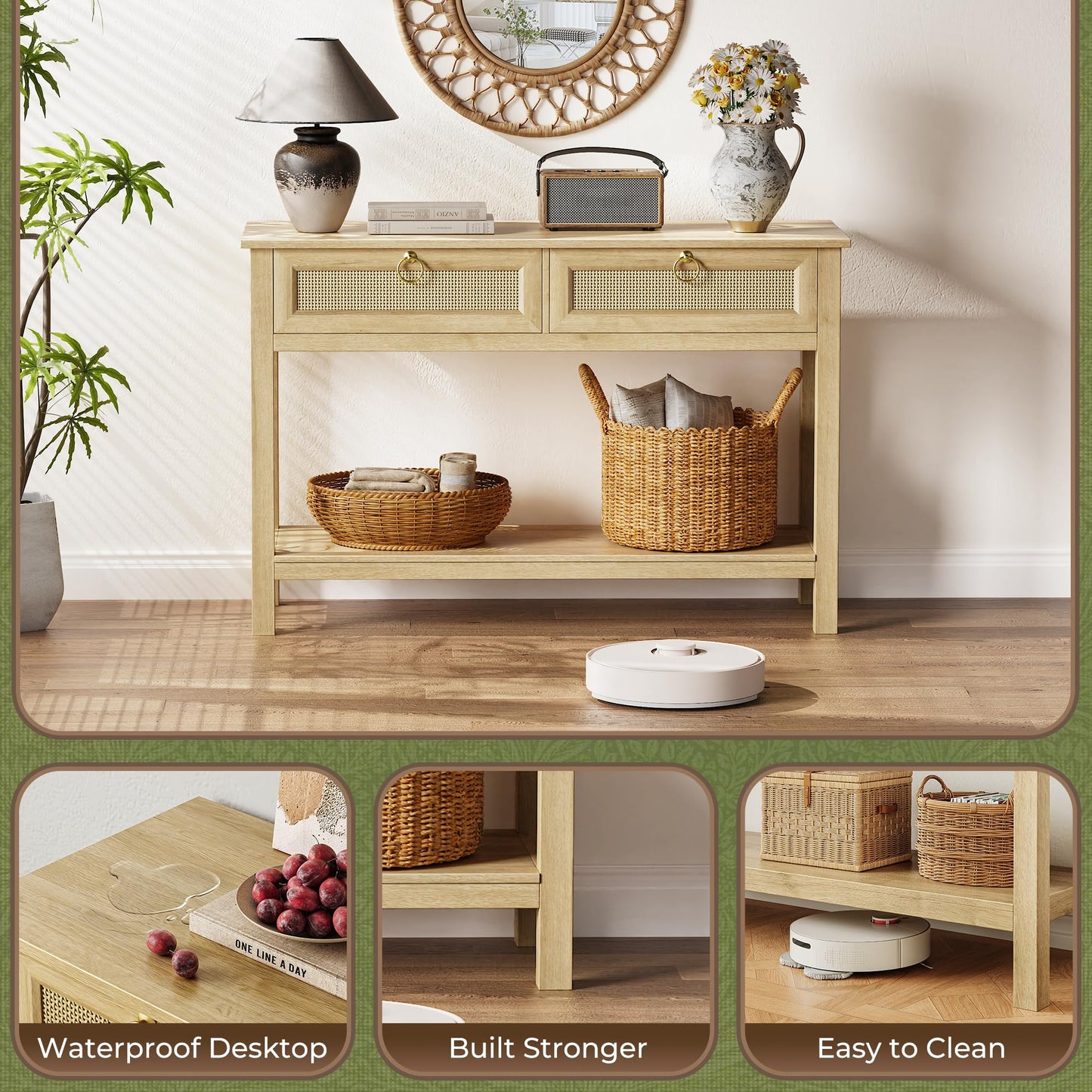 SUPERJARE Rattan Console Sofa Table with Outlets and USB-C Port, 2 Drawer Entryway Table with Synthetic Rattan Surface, 39 Inch, Open Shelf, Behind Couch Entry Foyer Hallway Storage, Natural