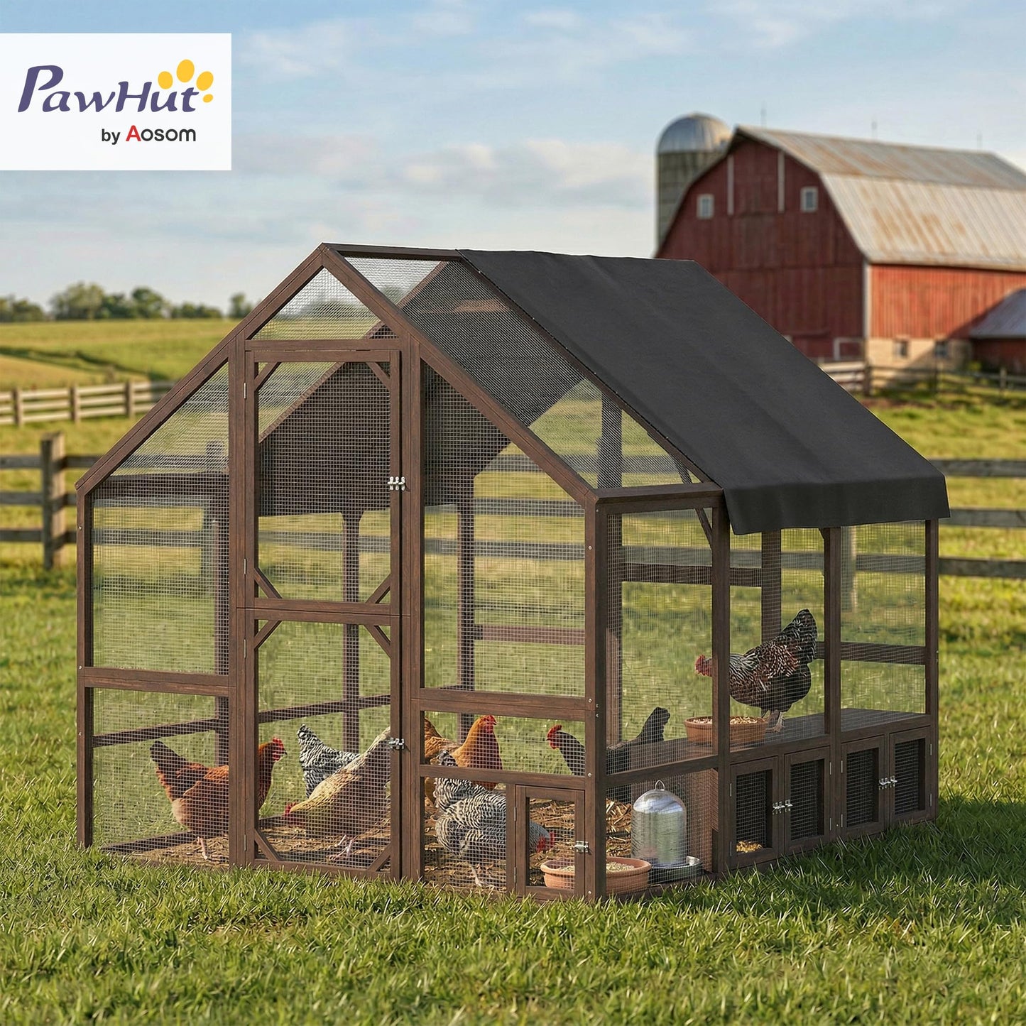 PawHut Large Wooden Chicken Coop for 8-10 Hens, Walk-in Chicken Run with Waterproof Cover, Nesting Boxes and Perches, Outdoor Poultry Cage Rabbit Hutch for Backyard, 83" x 73" x 73", Dark Brown