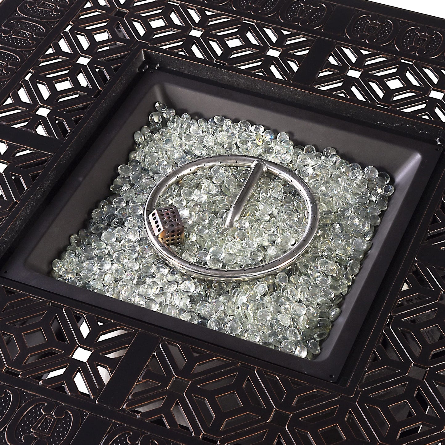 Oakland Living Aluminum 57,0000 BTU 42 in. Square Propane Black Fire Pit Table with Fire Beads, Lid, Propane Tank Cover and Table Fabric Covers in Copper Finish