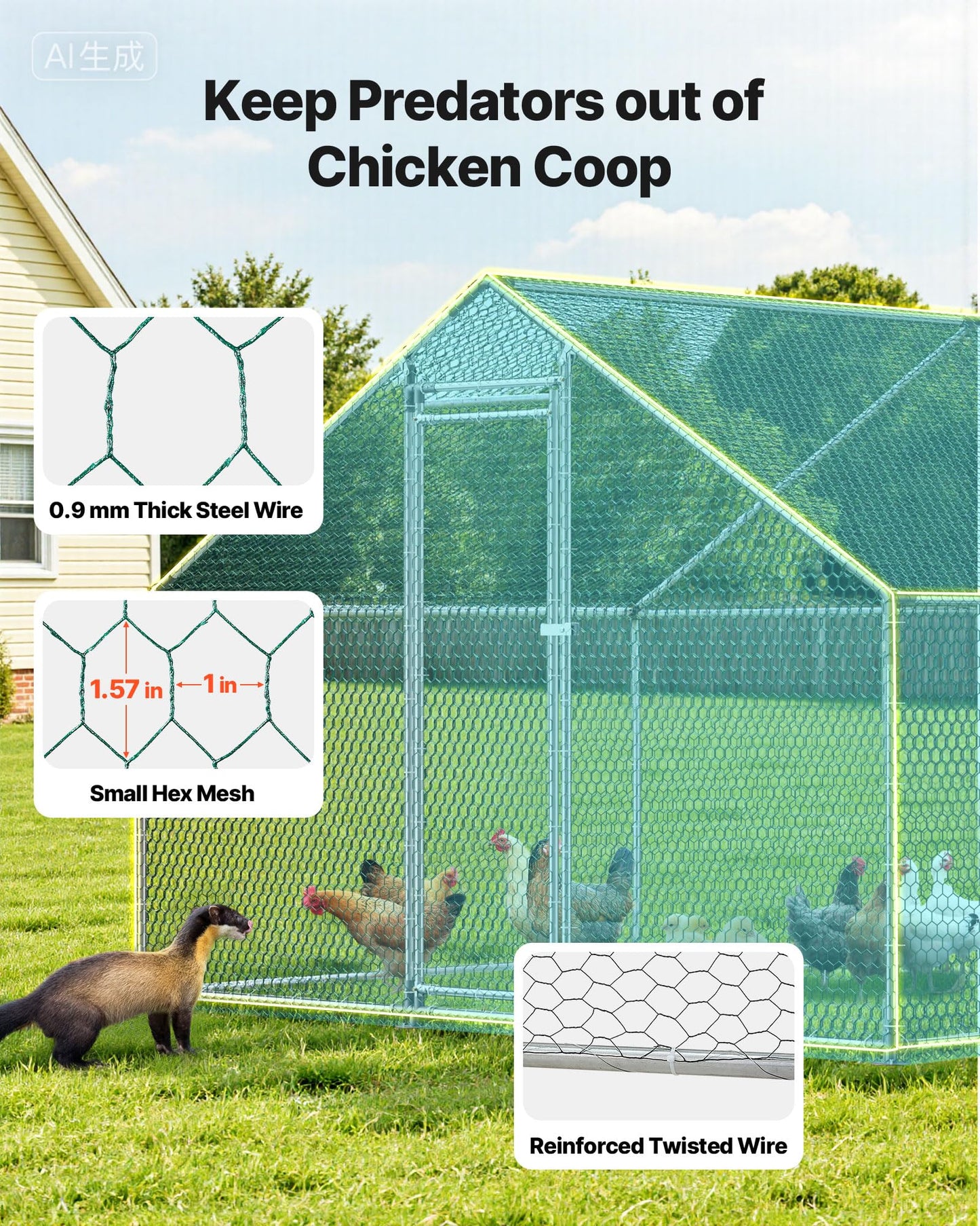 VEVOR Large Metal Chicken Coop, 19.7x9.8x6.5ft Walk-in Chicken Runs for Yard with Cover, Spire Roof Hen House with Security Lock for Outdoor and Backyard, Farm, Duck Rabbit Cage Poultry Pen