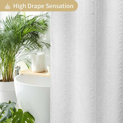 Lameirose White Shower Curtain Boho, Textured Shower Curtain Cotton Blend Waffle Weave Stripe Fabric Shower Curtains for Bathroom, Hotel, Washable, 72 x 72