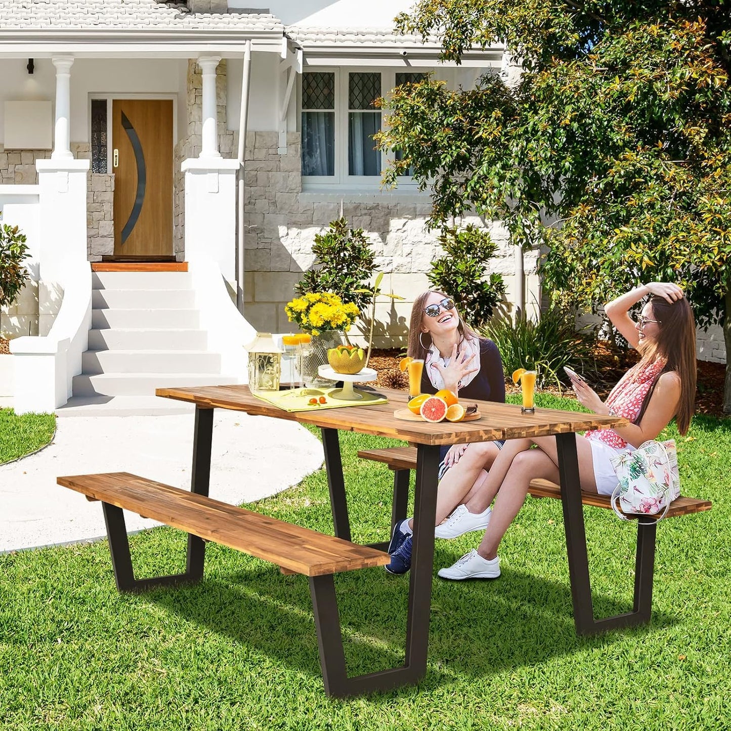 LDAILY Acacia Wood Picnic Table with Umbrella Hole, 70’’ x 30’’ Outdoor Picnic Tables with Benches for 6-8 Persons, 1600 LBS Max Load, Metal Frame & 2" Umbrella Hole, Party, Garden, Yard, Patio, Lawn