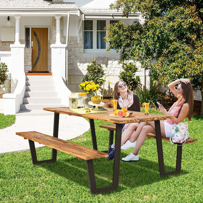 LDAILY Acacia Wood Picnic Table with Umbrella Hole, 70’’ x 30’’ Outdoor Picnic Tables with Benches for 6-8 Persons, 1600 LBS Max Load, Metal Frame & 2" Umbrella Hole, Party, Garden, Yard, Patio, Lawn