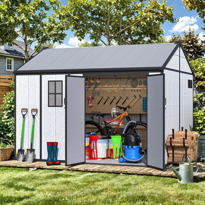 MELLCOM 10 x 8 FT Plastic Outdoor Storage Shed with Floor, Plastic Outdoor Storage Tool Shed with Windows and Lockable Door, Resin Garden Shed for Bike, Pool Supply, Lawnmower