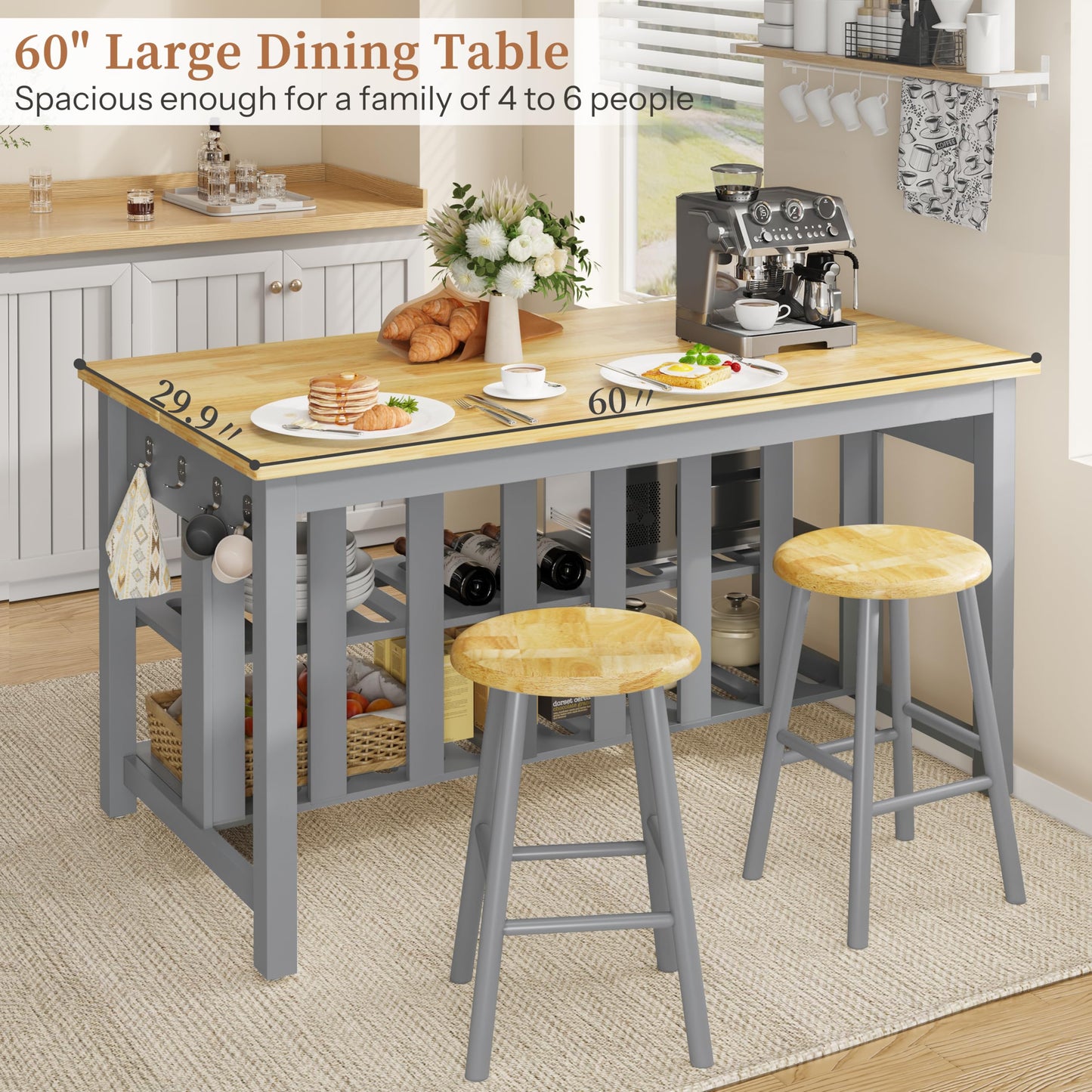 DynJest 60" Solid Rubberwood Kitchen Island with Power Outlets - Extra Large Work Surface, 3 Drawers & 2 Open Shelves Storage Cabinet for Kitchen Dining Room, Farmhouse Style (Grey)