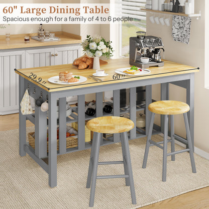 DynJest 60" Solid Rubberwood Kitchen Island with Power Outlets - Extra Large Work Surface, 3 Drawers & 2 Open Shelves Storage Cabinet for Kitchen Dining Room, Farmhouse Style (Grey)
