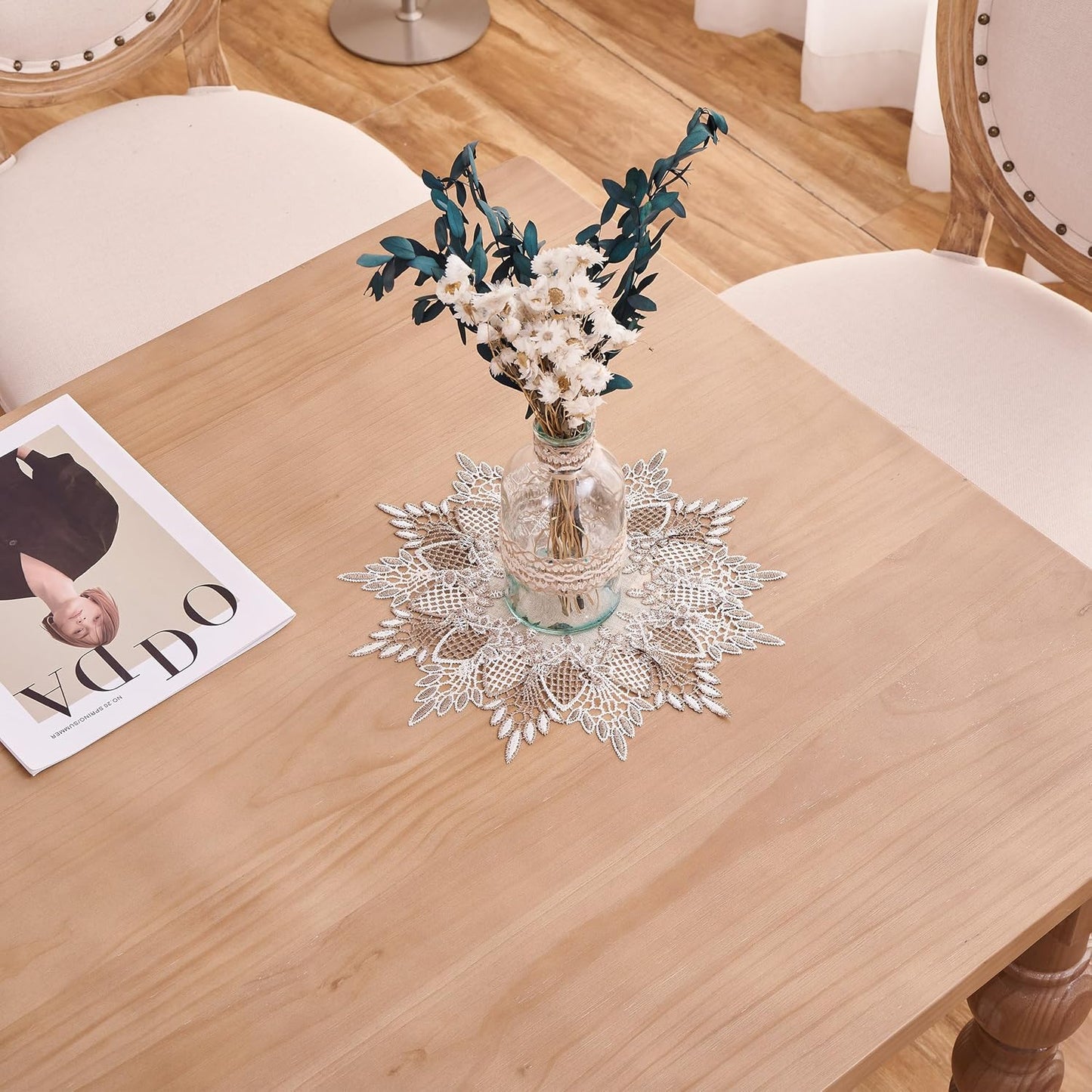 11 inches White Linen Doily Round Neutral Earth Tones Beige Lace Coffee Table Topper Dresser Scarf Place Mats