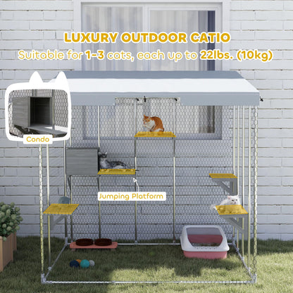 PawHut Catio Outdoor Cat Enclosure, 79" Large Walk-in Cat House with Waterproof Cover, Resting Box, 5 Jumping Platforms, Chicken Run Coop, Rabbit Hutch, Feral Cat Shelter Sloped Roof
